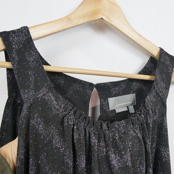 Anthropologie Shimmer Carly Bubble Hem Blouse Sz L Black Silver Metallic Zig Zag - Picture 10 of 12